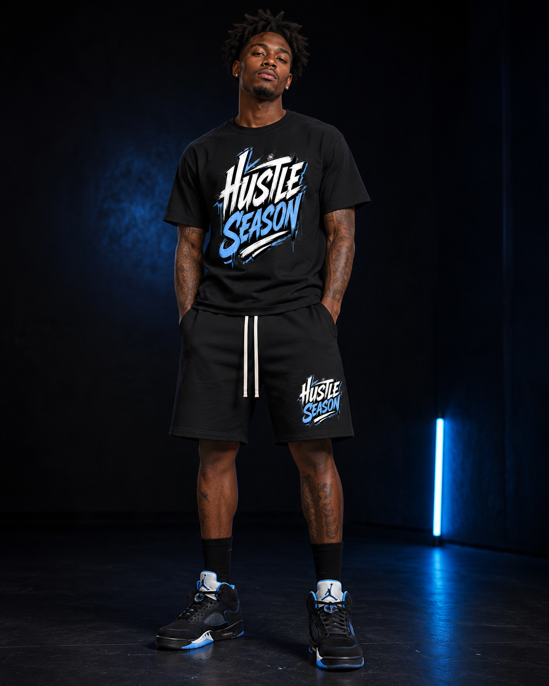 HUSTLE RETRO 5 Set (university blue) Sun Fade Raw Edge Cotton