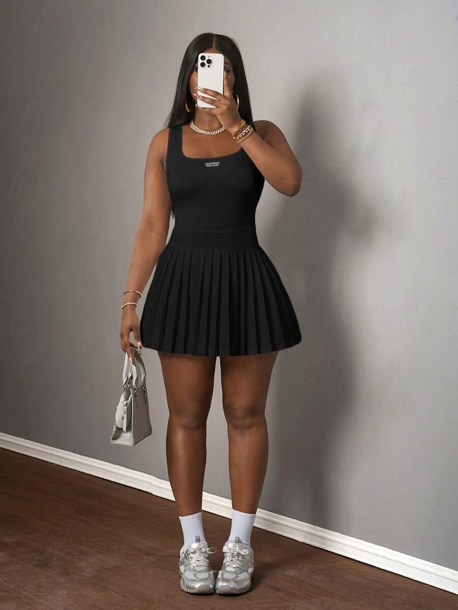 Slaydiva Women's Black Summer Casual Everyday Back-To-School U-Neck Knitted Mini Dress,Basic Racer Vest Pleated Skirt Culottes With Shorts Sun Dresses
