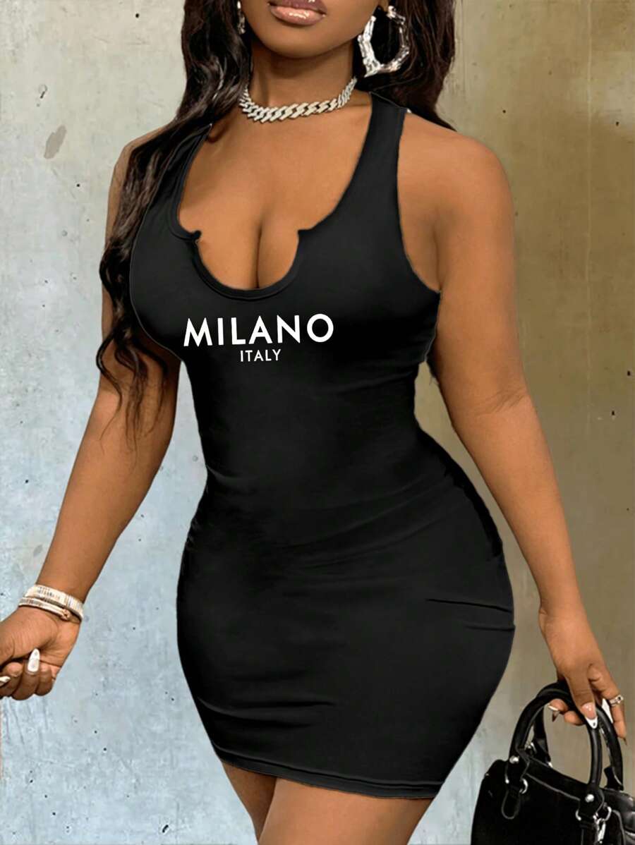 Slaydiva Women's Casual Simple Milano Print Sleeveless Thickly Strapped Bodycon Dress Suitable For Going Out Chic Dress