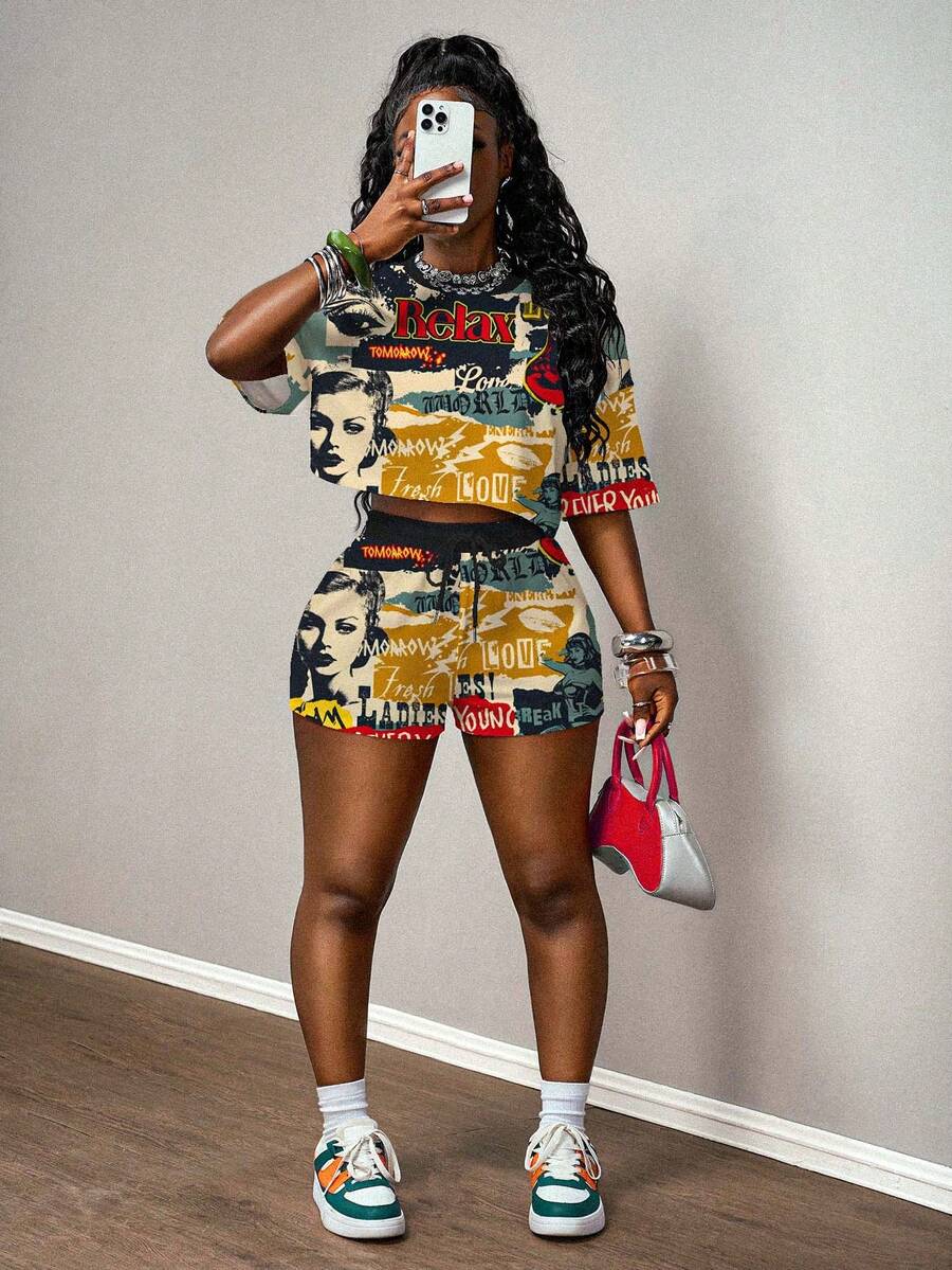 Slaydiva Women's Casual Black And Red 2 Pieces Set Retro Character Poster Graphic Numeric Print Short Sleeve Top And Shorts Set,Summmer Streetwear Night Out