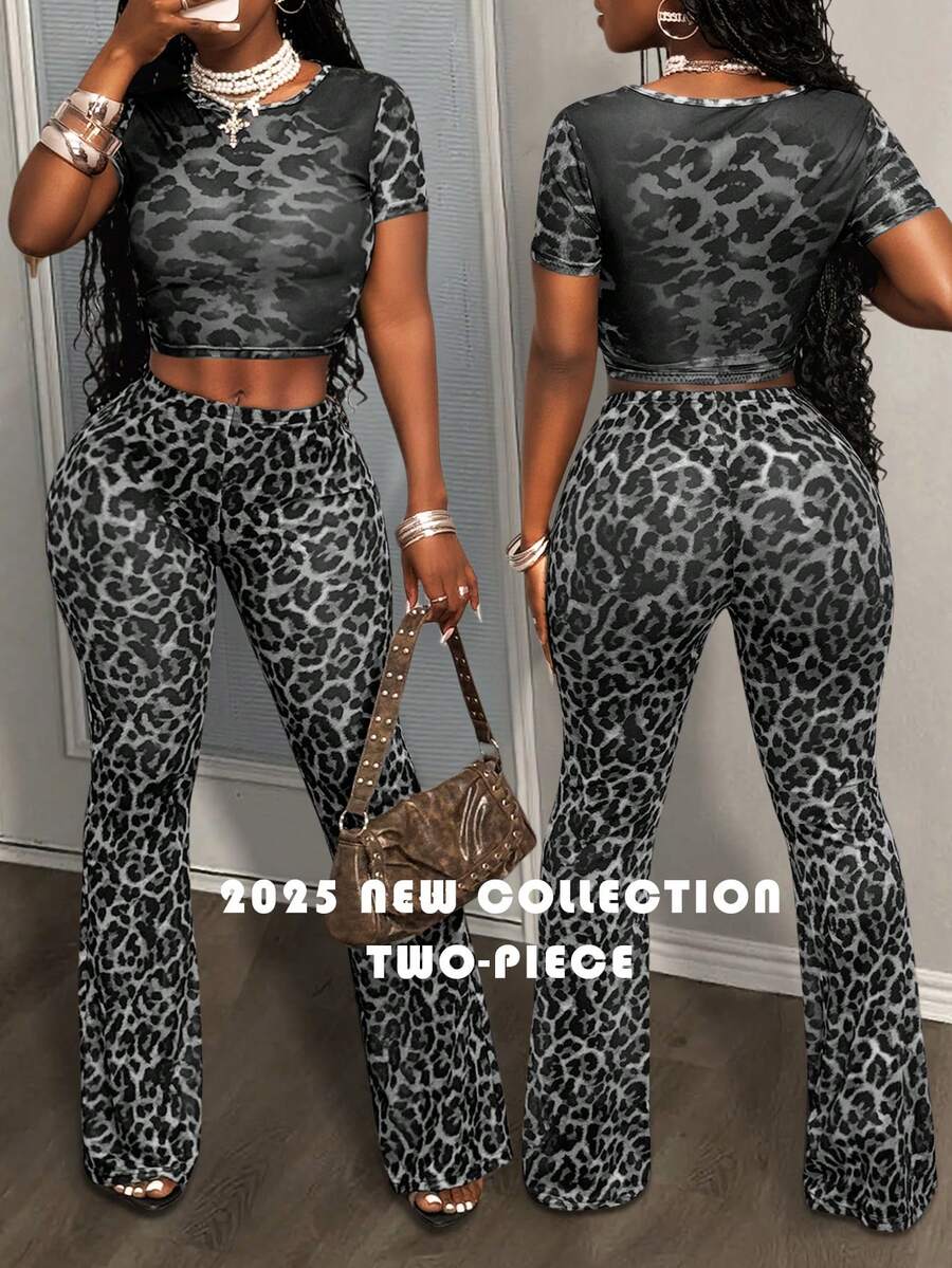 Slaydiva 2025 Women's Two Piece Set Grey Summmer Club Leopard Print Mesh Knitted Round Neck Short Sleeve Cropped T-Shirt Flared Ultra-Long Pants Y2K Outfit