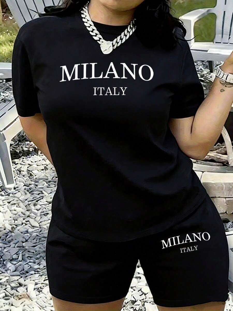 2pcs/MILANO, Milan, Italy, Women's Summer Fashion Versatile Refreshing Printed Design Round Neck Short Sleeve Shorts With Pockets Casual Set 2026