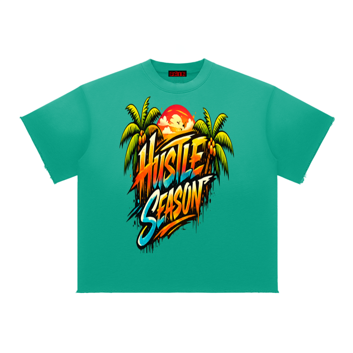 HUSTLE SEASON Sun Fade Raw Edge T-Shirt ODMPOD