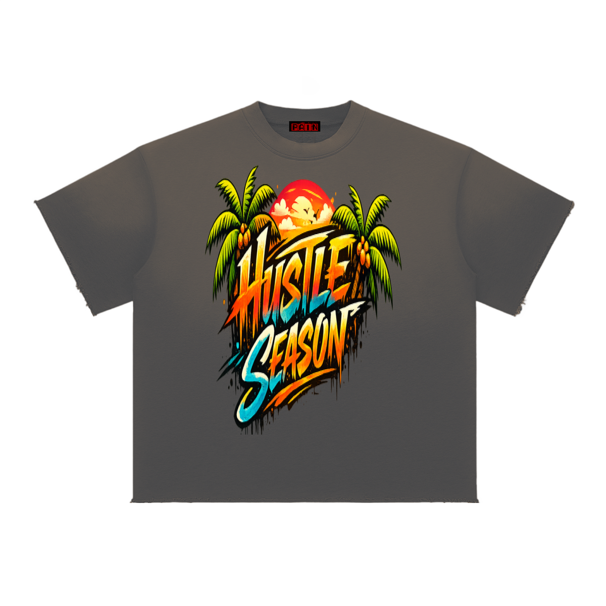 HUSTLE SEASON Sun Fade Raw Edge T-Shirt ODMPOD