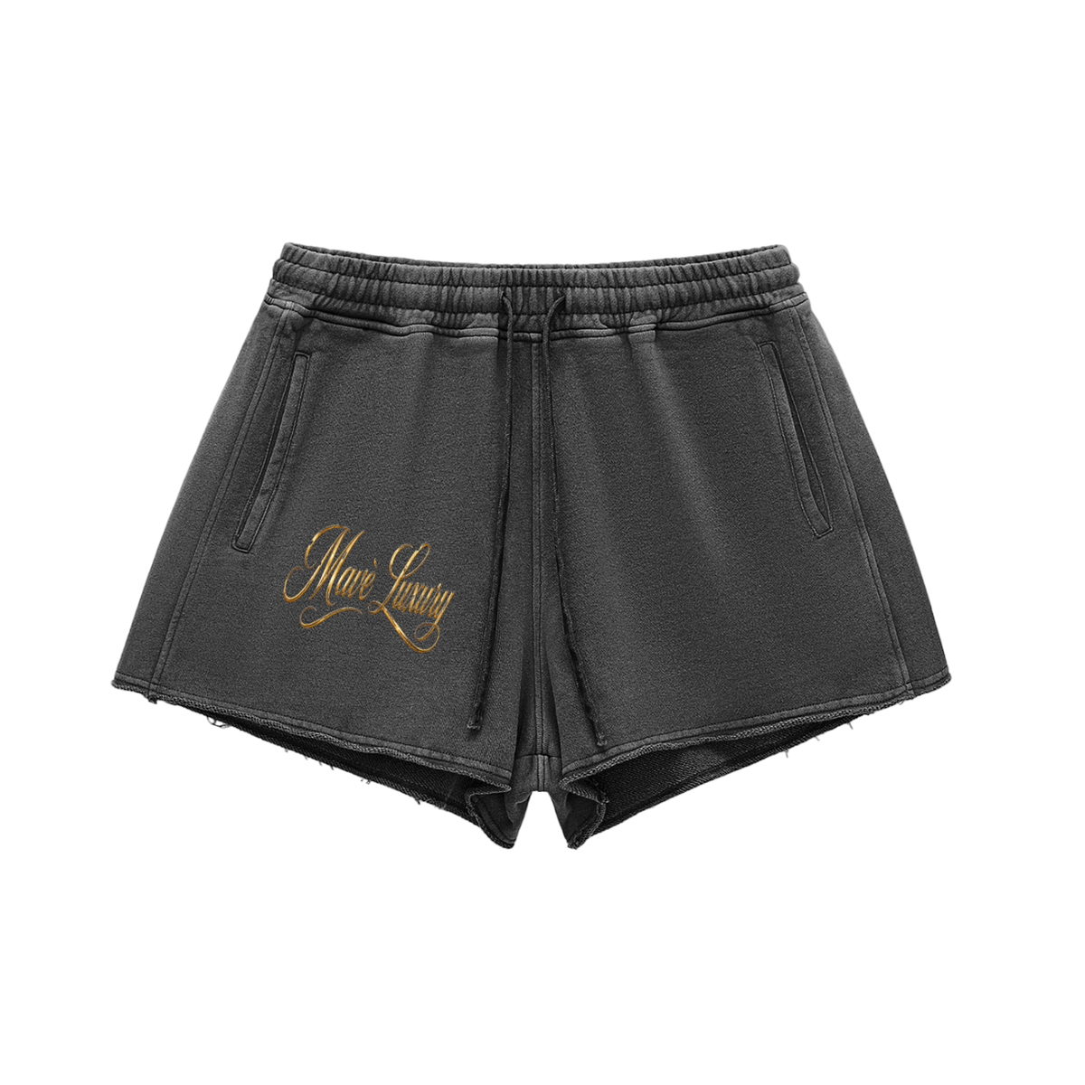 MAVÈ LUXURY Snow Washed Raw Edge Drawstring Shorts ODMPOD