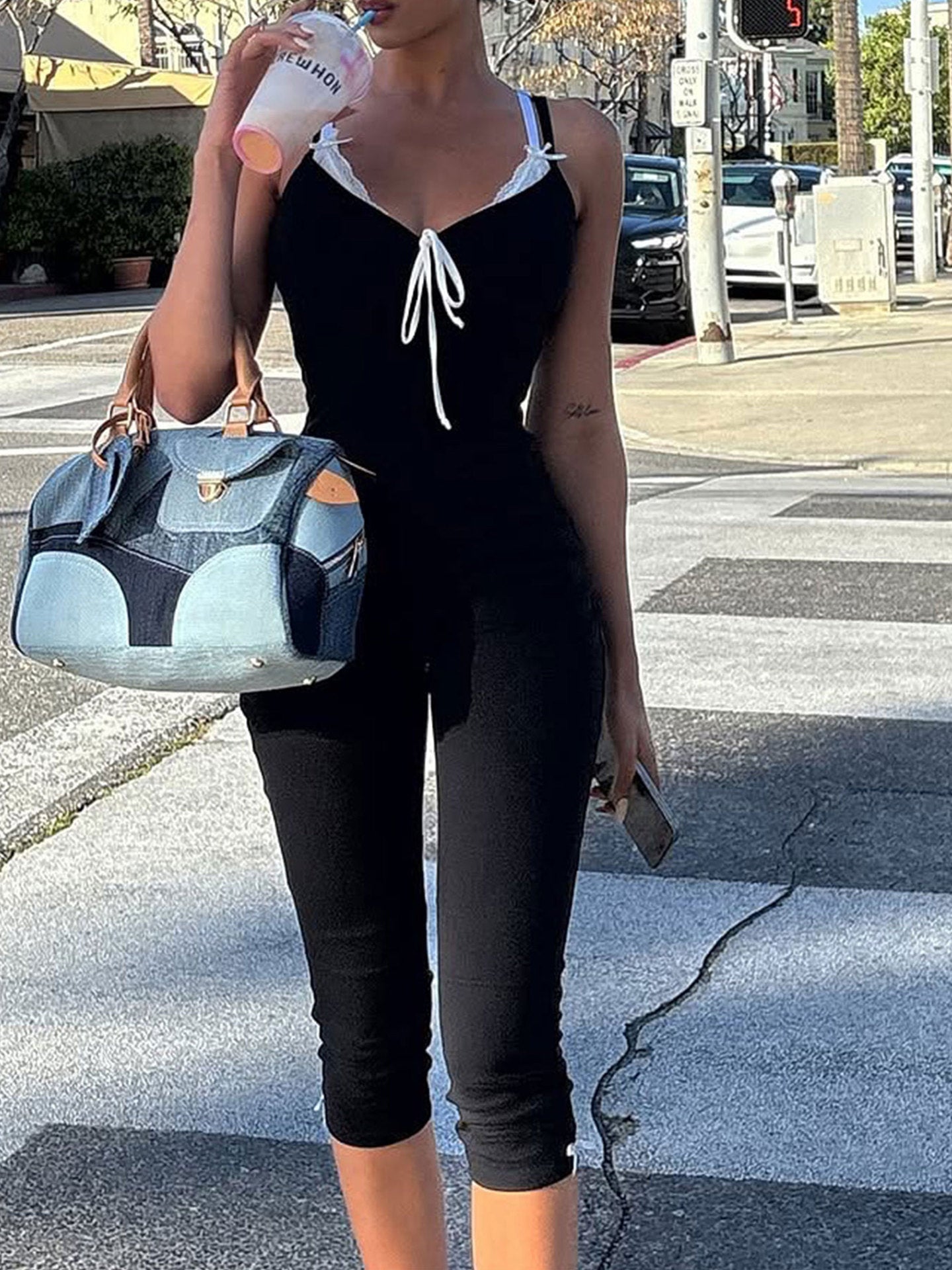 Lace Trim Tie-Front Capri Jumpsuit