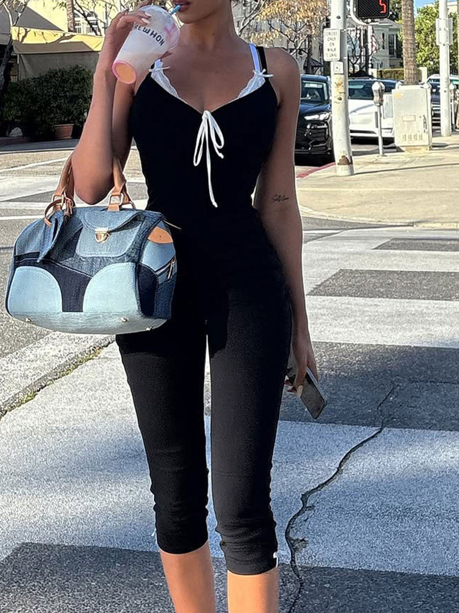 Lace Trim Tie-Front Capri Jumpsuit