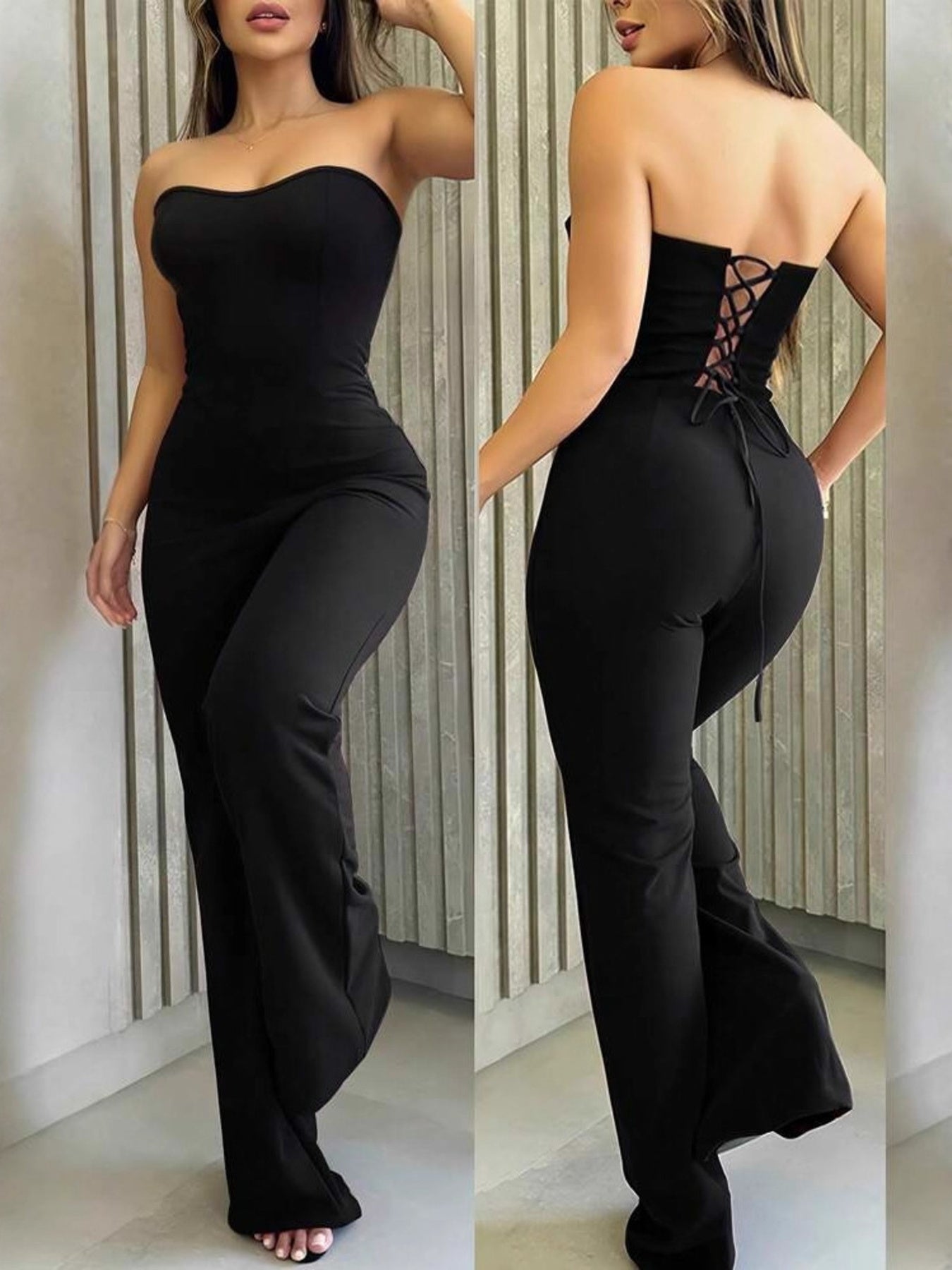 Strapless Lace-Up Back Jumpsuit