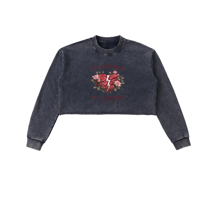“She Survived Still Blooms” Cropped Sweatshirt - Built From Pain Clothing
