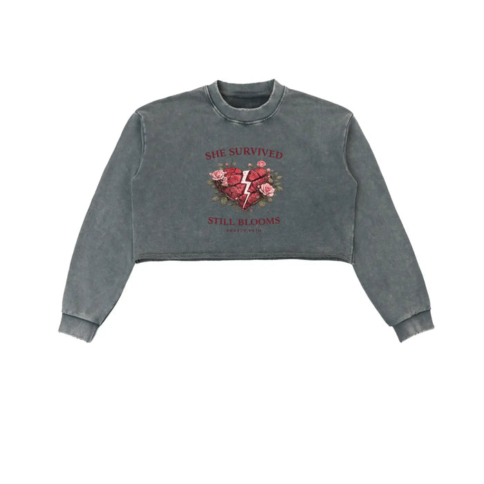 “She Survived Still Blooms” Cropped Sweatshirt - Built From Pain Clothing