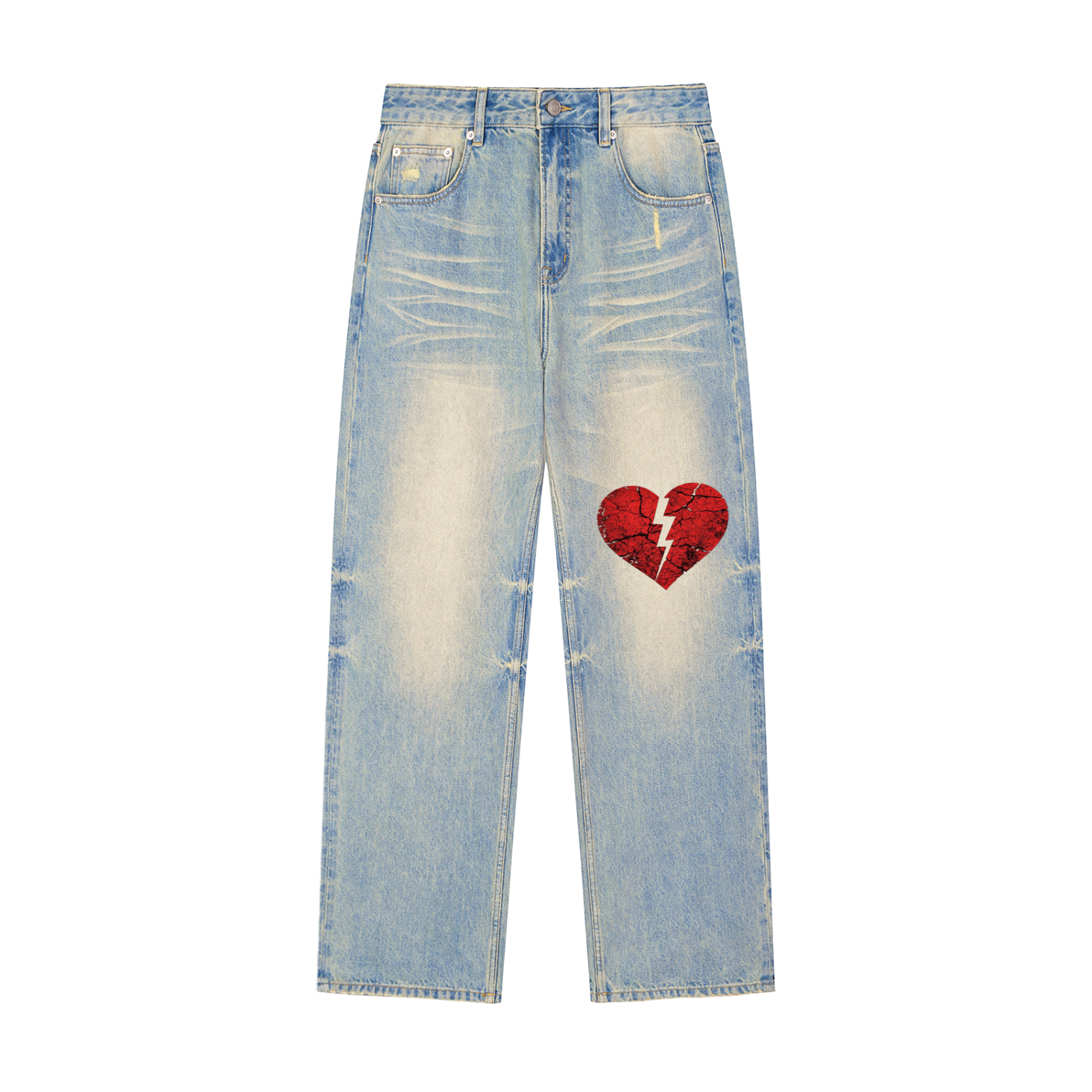 Men Broken Heart Sun Fade Raw Hem Denim Jeans