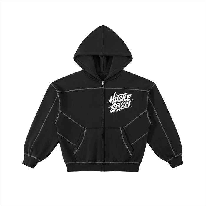 HUSTLE SEASON Contrast-Stitched Boxy Fleece Zip Hoodie ODMPOD