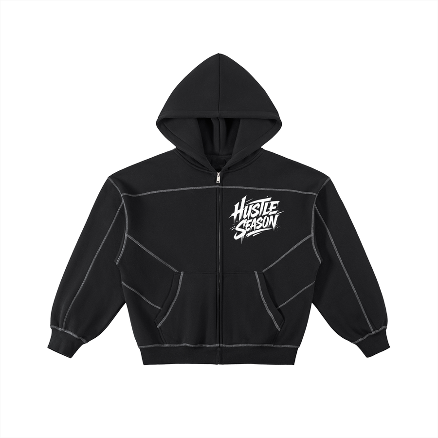 HUSTLE SEASON Contrast-Stitched Boxy Fleece Zip Hoodie