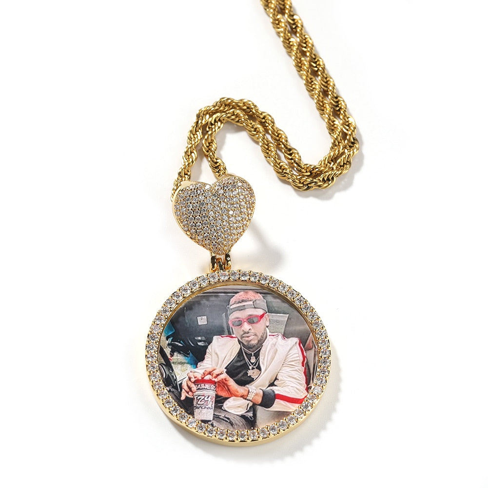Round Heart Clasp Medallions Custom Photo Memory Pendant Engrave Name HipHop Jewlery nowadaysfashion