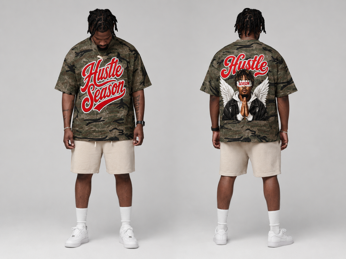 HUSTLE SEASON Unisex Boxy Camo Print T-Shirt ODMPOD