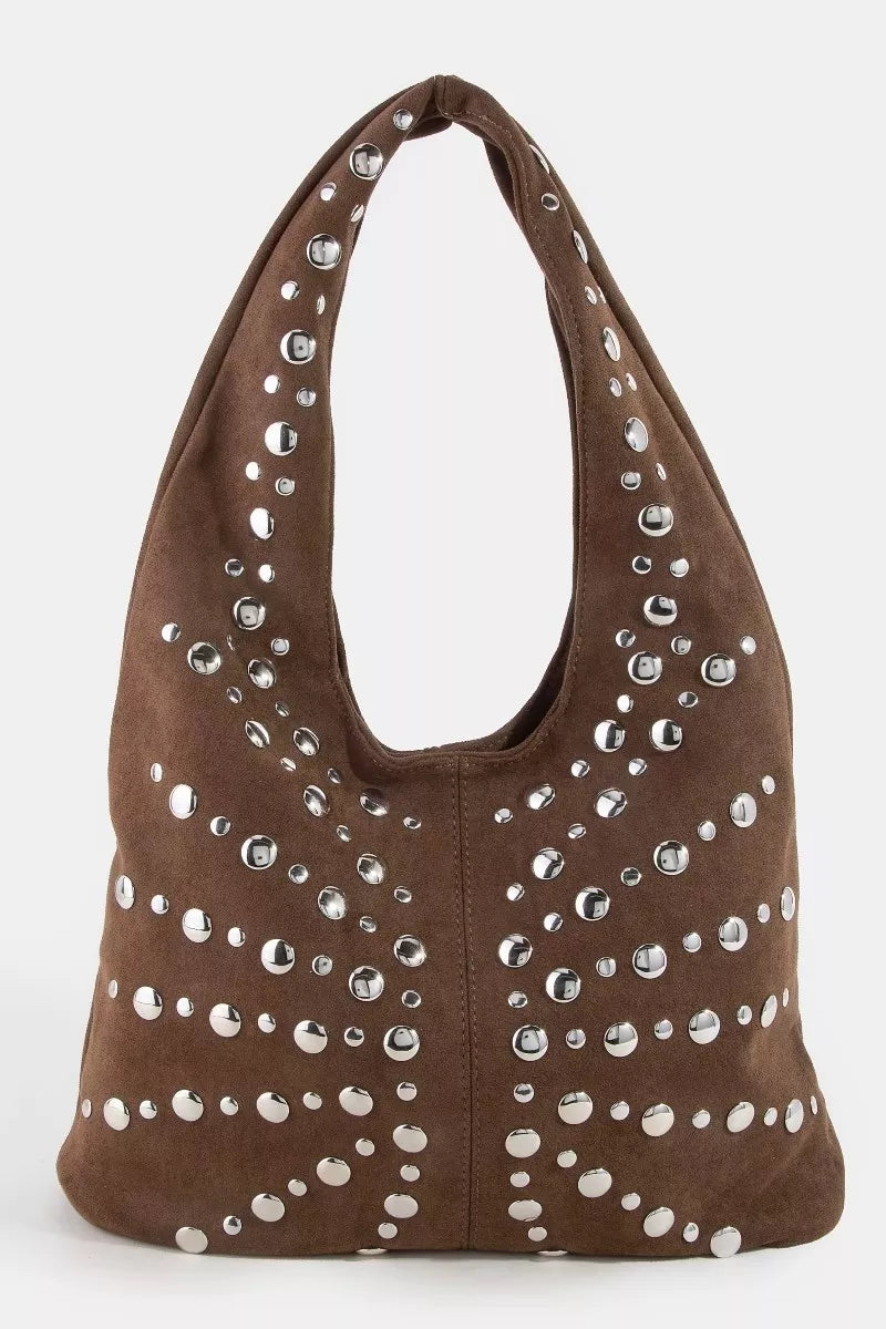 Fame Grommet Studded Suede Shoulder Bag