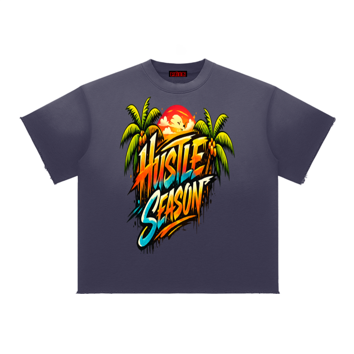 HUSTLE SEASON Sun Fade Raw Edge T-Shirt ODMPOD
