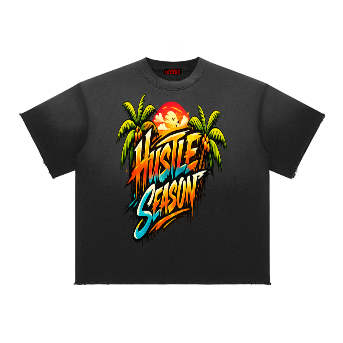 HUSTLE SEASON Sun Fade Raw Edge T-Shirt ODMPOD