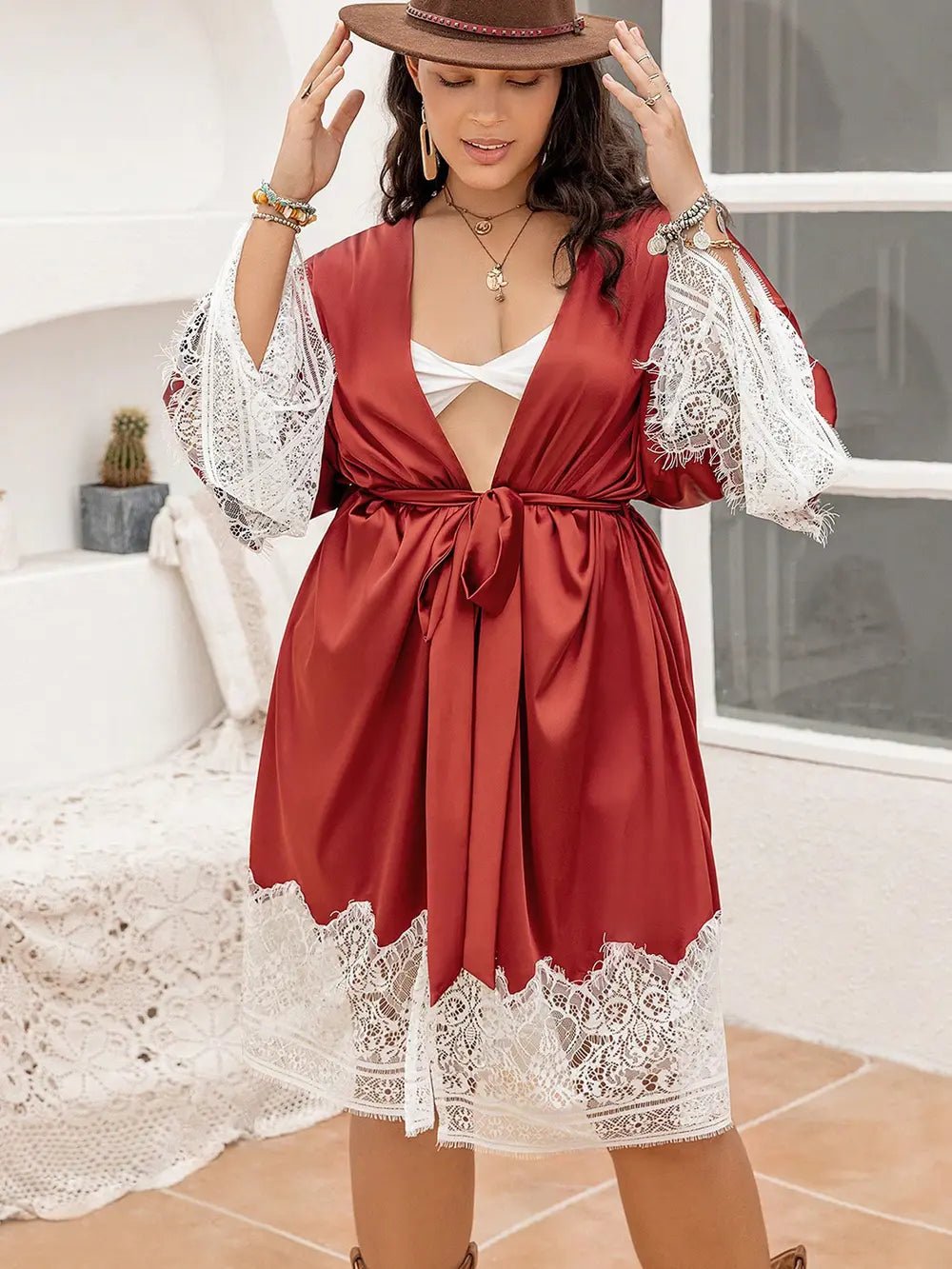 Plus Size Lace Patchwork Tie Front Robe - Built From Pain Clothing